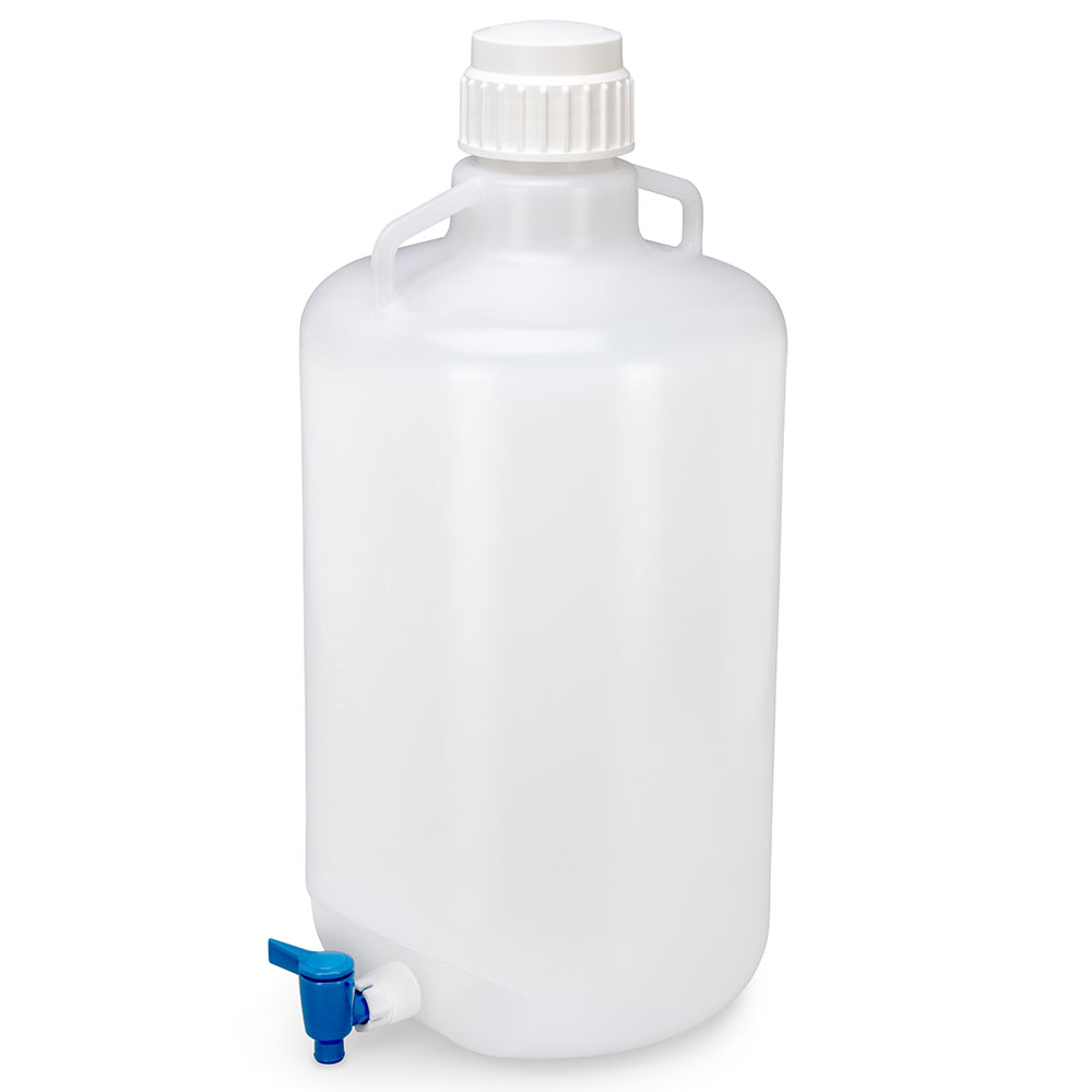 Globe Scientific Carboy, Round with Spigot and Handles, PP, White PP Screwcap, 25 Liter, Molded Graduations, Autoclavable Carboy;Carboy with handles;Round Carboy;PP;25L